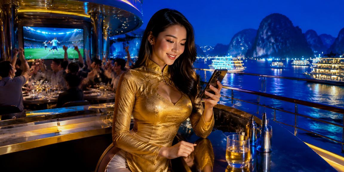 Người mặc áo dài sử dụng điện thoại chơi casino trên vịnh Hạ Long