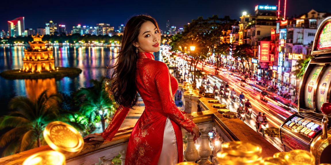 Người mặc áo dài Hà Nội chơi slot game và theo dõi kèo thể thao buổi tối